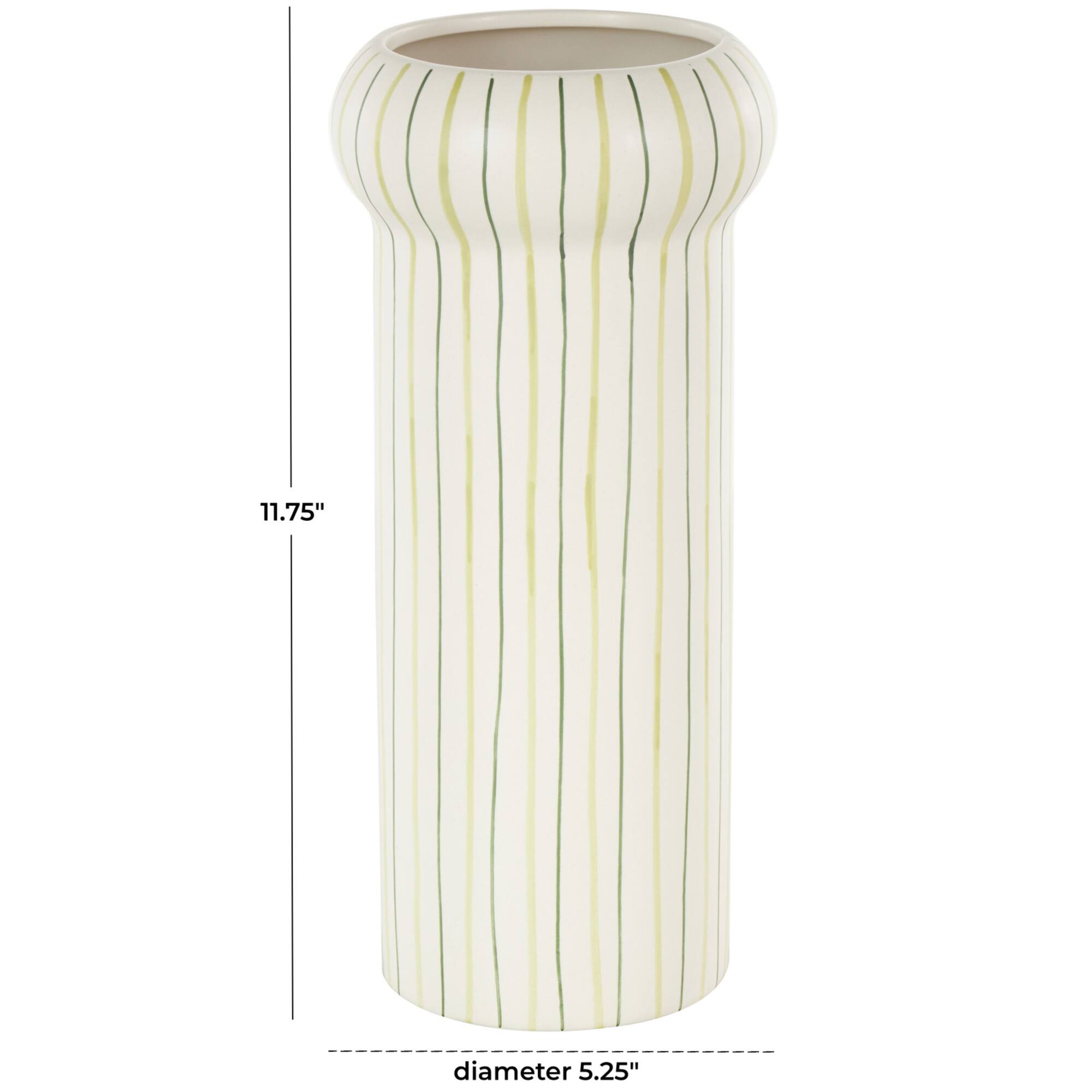 12" White & Green Linear Patterns Round Decorative Ceramic Vase